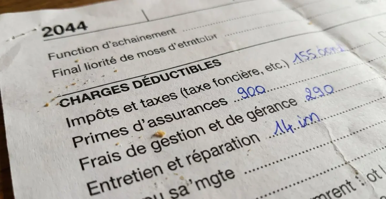 Gros plan sur formulaire fiscal français 2044 déclaration revenus fonciers, lignes intérêts emprunt et primes assurance, surface claire en lumière naturelle