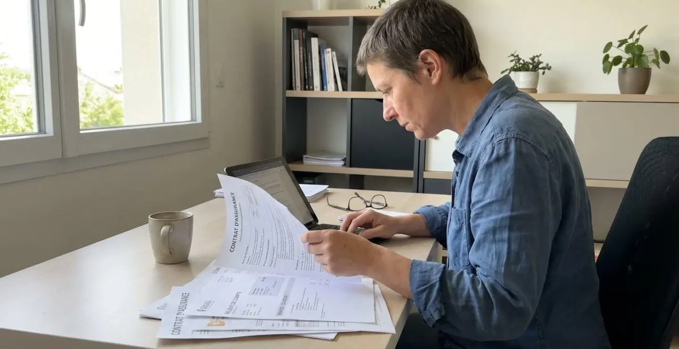 Personne de profil assise à un bureau consultant documents de contrat d